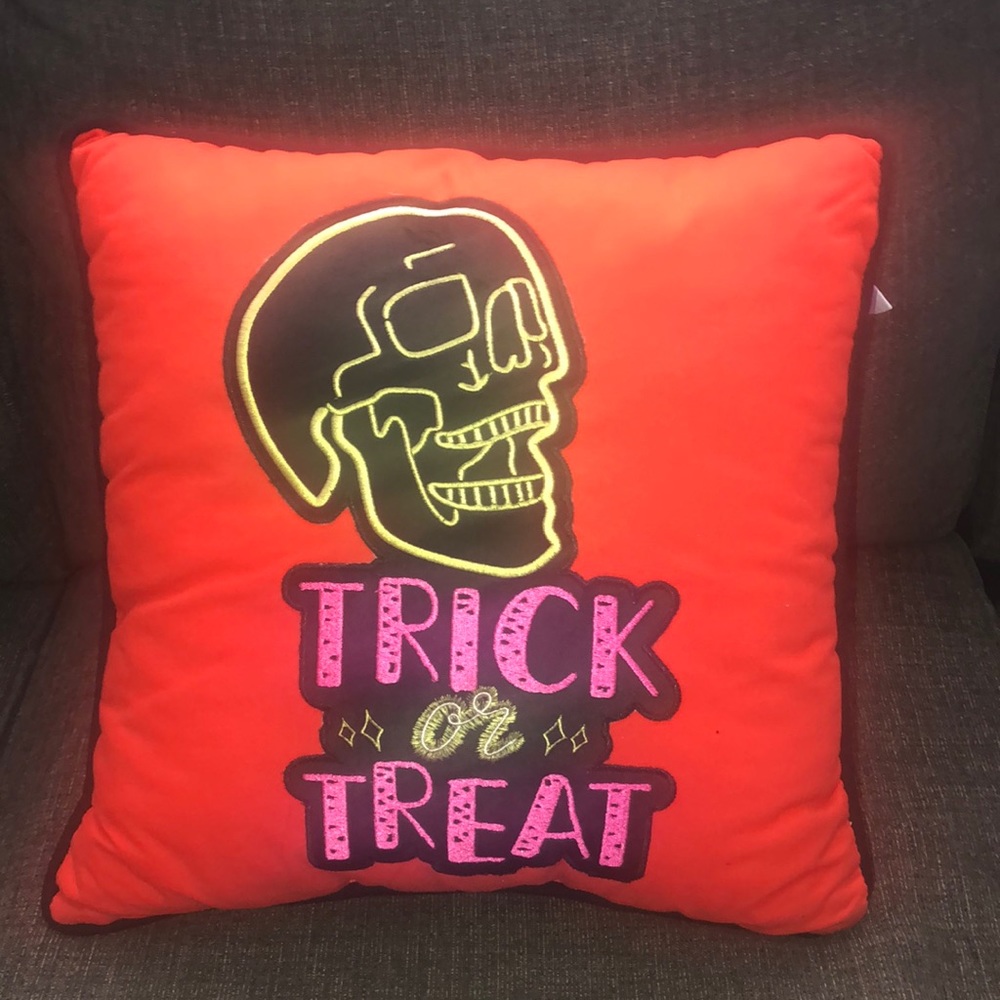 Halloween decoration,orange pillow trick or treat print.